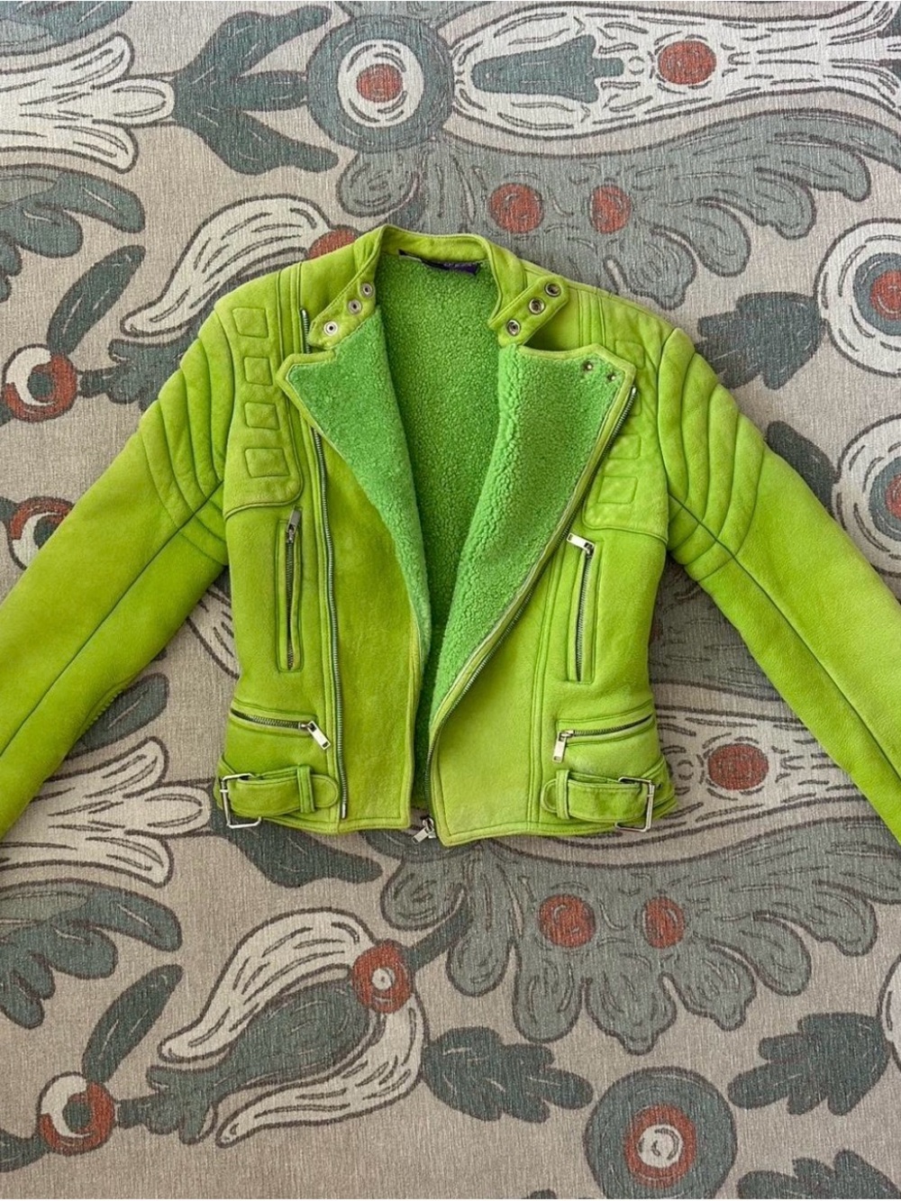 Ralph Lauren Lime Green Shearling-Lined Leather Moto Jacket